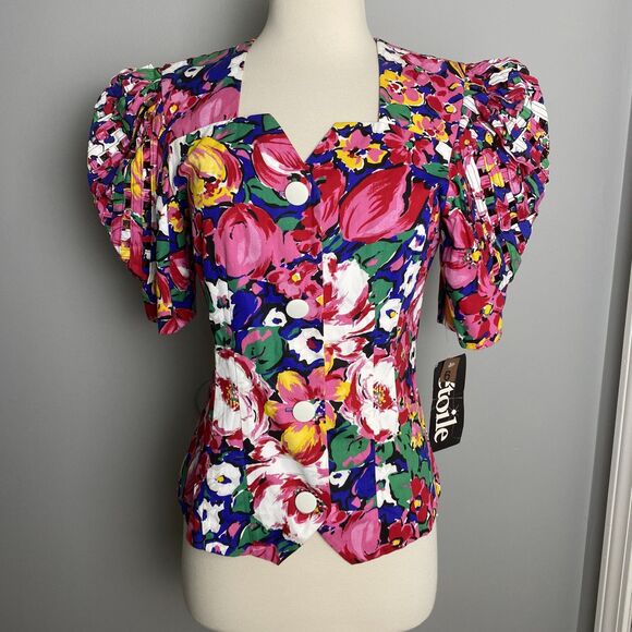 Vintage 80s NWT Etoile Puff Sleeve Floral Blouse Lattice Shoulder Cotton, Size 6 - Picture 1 of 13